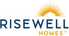 RiseWell Homes logo with rising sun above blue and orange text—new homes near Dallas.